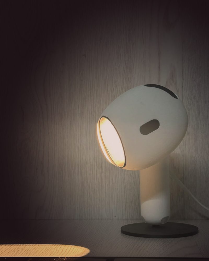 3D printed designer lamp switched on