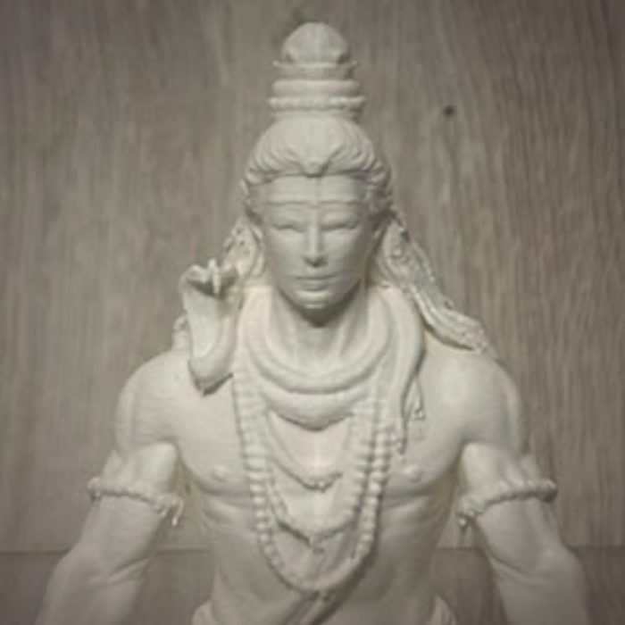 Close-up of the detailed face and rudraksha beads on a 3D printed Shiva idol